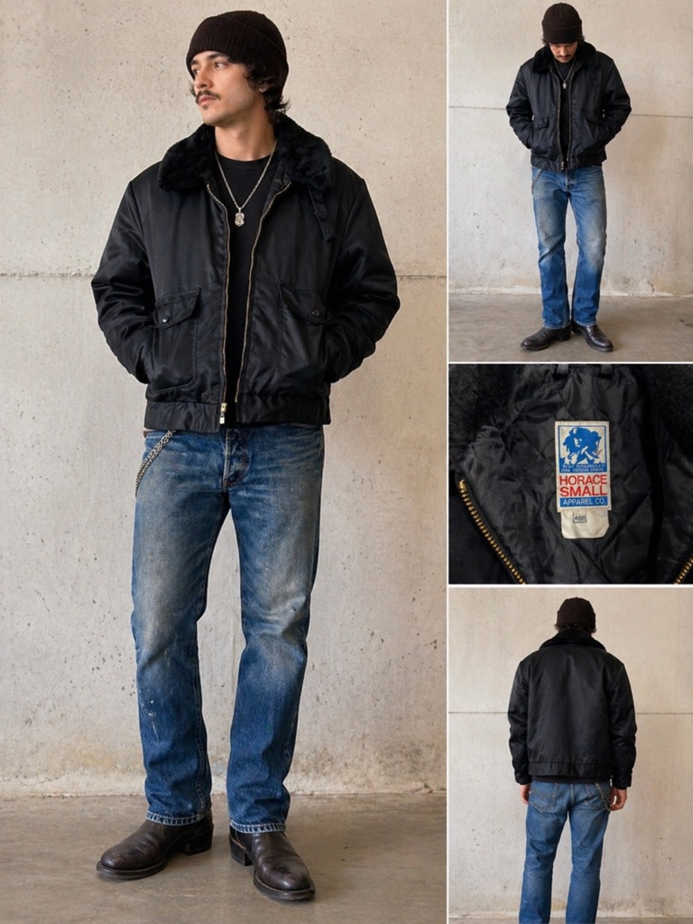 Vintage 70’s Horace Jacket 48R Black Workwear Coat Faux Fur Collar Utility USA